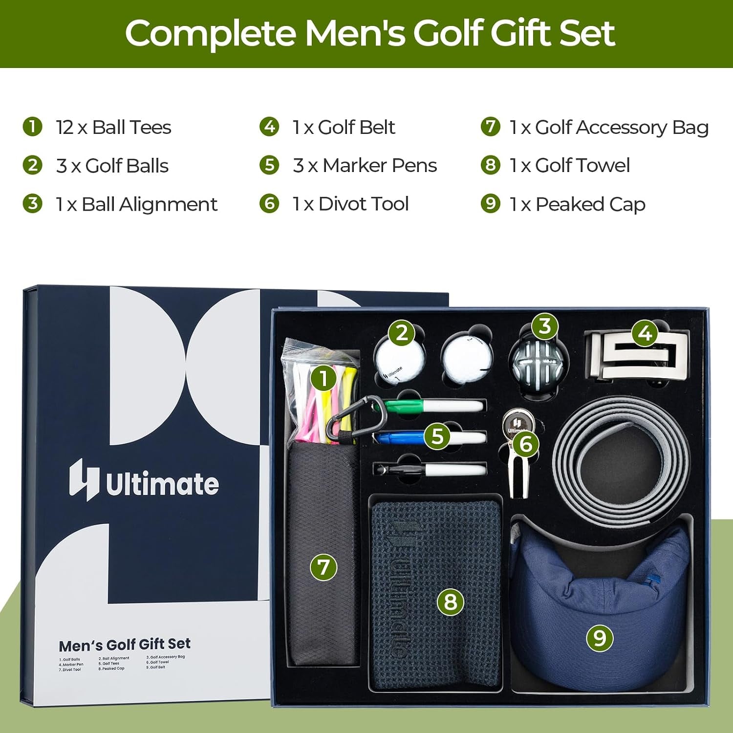 Golf Accessories Kit for Men Women, Golf Accessories Set W/Golf Balls, Golf Tees, Golf Towel, Golf Belt, Golf Hat, Divot Tool, Ball Marker, Storage Bag, Golf Gift Box for Golfers