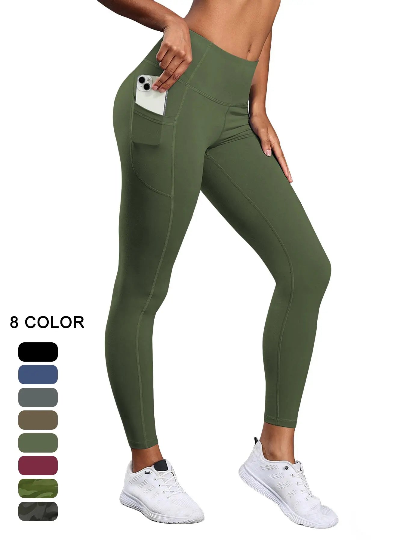 Women'S Solid High Waist Pocket Sports Leggings, Sporty Comfy Breathable Skinny Pants for Yoga Gym Workout, Ladies Sportswear for All Seasons