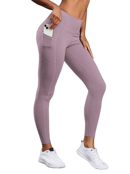 Women'S Solid High Waist Pocket Sports Leggings, Sporty Comfy Breathable Skinny Pants for Yoga Gym Workout, Ladies Sportswear for All Seasons