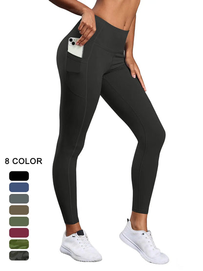 Women'S Solid High Waist Pocket Sports Leggings, Sporty Comfy Breathable Skinny Pants for Yoga Gym Workout, Ladies Sportswear for All Seasons