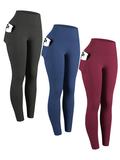 Women'S Solid High Waist Pocket Sports Leggings, Sporty Comfy Breathable Skinny Pants for Yoga Gym Workout, Ladies Sportswear for All Seasons