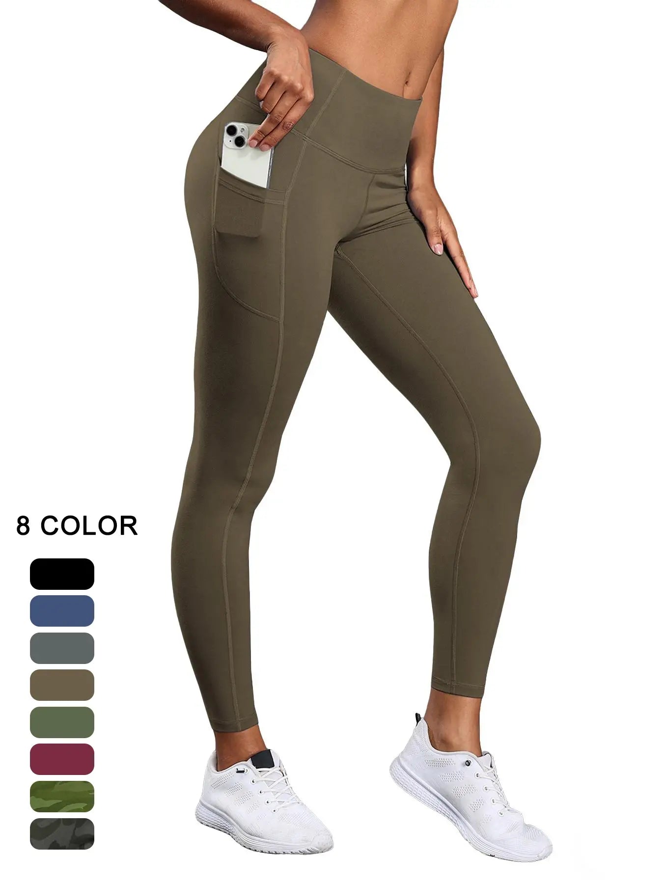 Women'S Solid High Waist Pocket Sports Leggings, Sporty Comfy Breathable Skinny Pants for Yoga Gym Workout, Ladies Sportswear for All Seasons