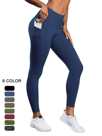 Women'S Solid High Waist Pocket Sports Leggings, Sporty Comfy Breathable Skinny Pants for Yoga Gym Workout, Ladies Sportswear for All Seasons