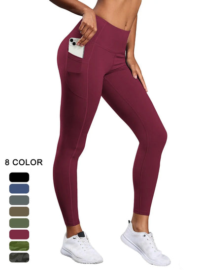 Women'S Solid High Waist Pocket Sports Leggings, Sporty Comfy Breathable Skinny Pants for Yoga Gym Workout, Ladies Sportswear for All Seasons