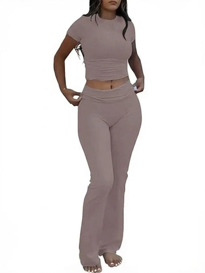 Women'S Solid round Neck Crop Top & Skinny Pants Knit Loungewear Set, Summer Outfits 2024, Casual Comfy Pyjama Set for Women, Comfy Loungewear Set for Women Home Wear, Pyjamas for Women, Pajama Set, Homewear